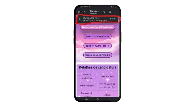 Notificação de download do arquivo YouCine APK no navegador