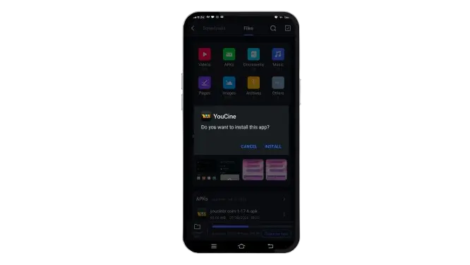 Tela de confirmação da instalação do YouCine APK